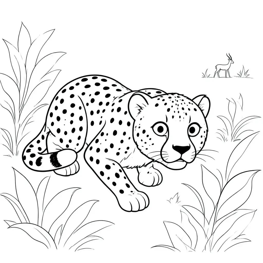 A cheetah stalking its prey in dense brush on a dynamic coloring page.