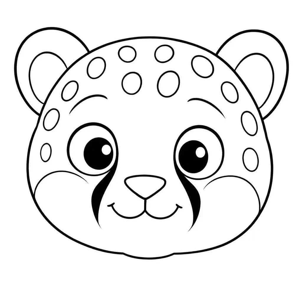 A cute cartoon cheetah face on a printable coloring page for kids.