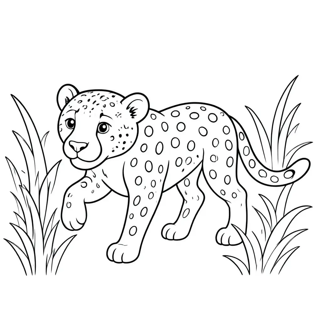 A cheetah walking through tall grass on a printable coloring sheet.