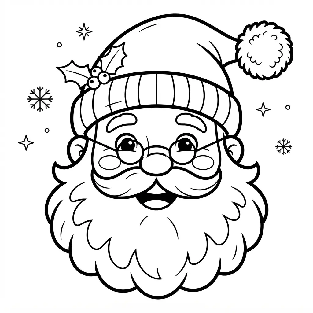 Christmas coloring pages featuring a smiling Santa Claus portrait with a thick outline, hat, beard, and round glasses.