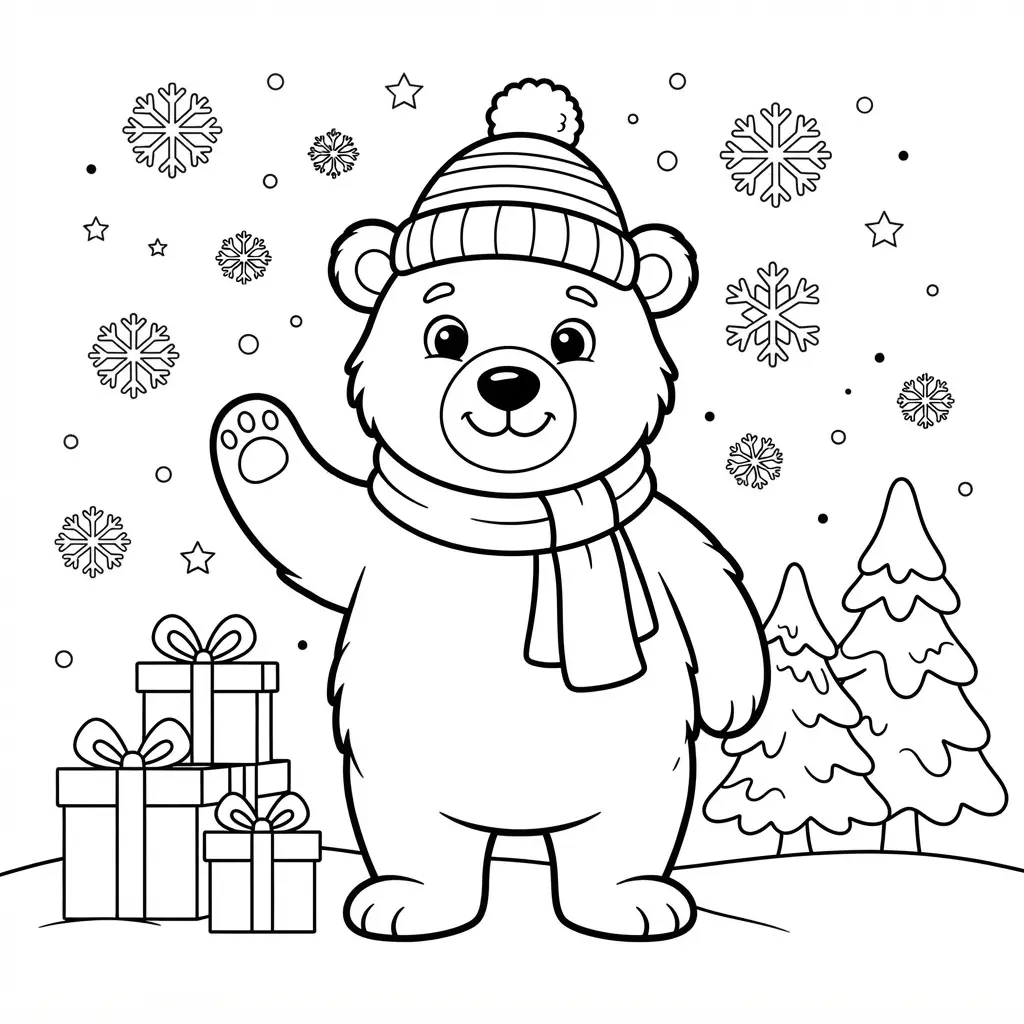 Playful polar bear wearing a winter hat stands beside wrapped gifts, snow-covered trees, and a small holiday sign.
