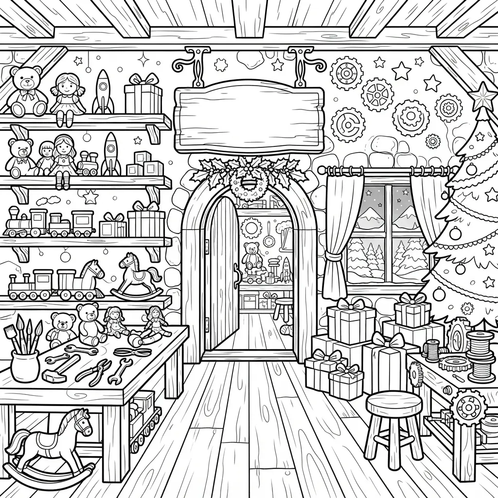 A North Pole workshop filled with toy shelves, worktables, gift boxes, tools, and a sign above the doorway.
