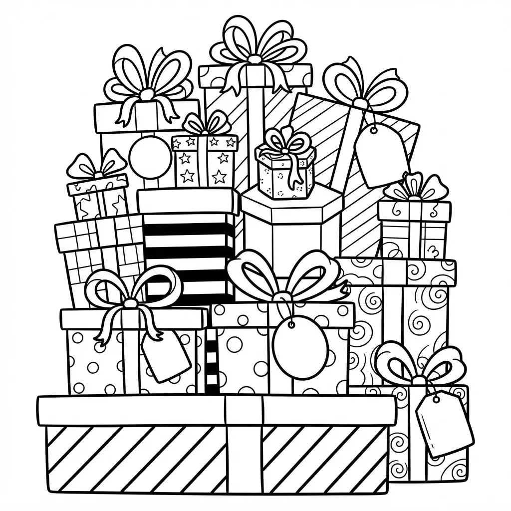 A tall pile of wrapped gift boxes shows striped paper, large ribbons, bows, tags, and different box shapes.