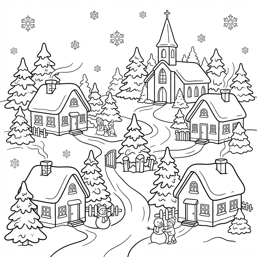 A winter village landscape shows small homes, snowy rooftops, pine trees, a church steeple, and winding paths.
