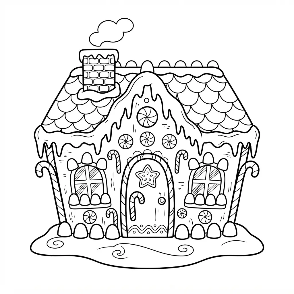Christmas coloring pages showing a gingerbread house with candy windows, icing trim, a front door, and snowy roof.