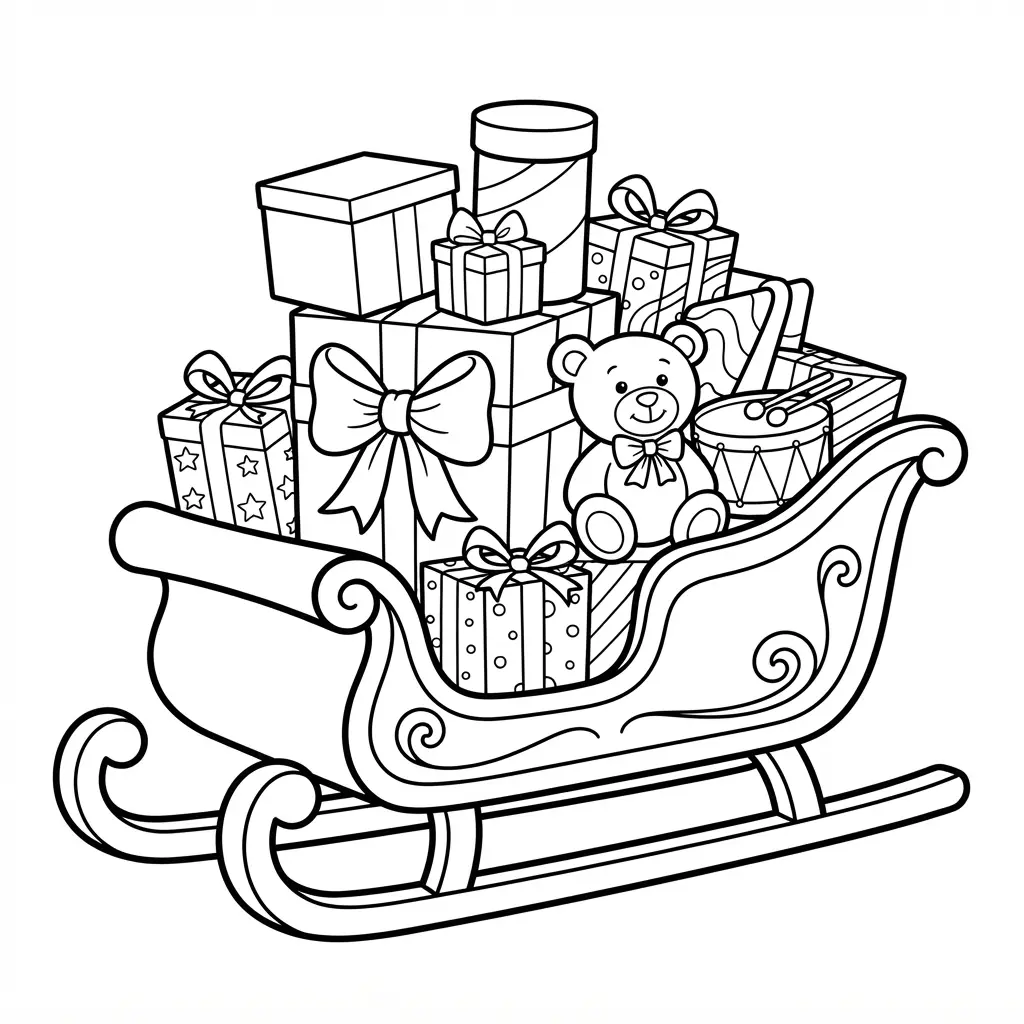 A sleigh carries stacked toy presents, a teddy bear, a drum, ribbons, and a large bow across its side.