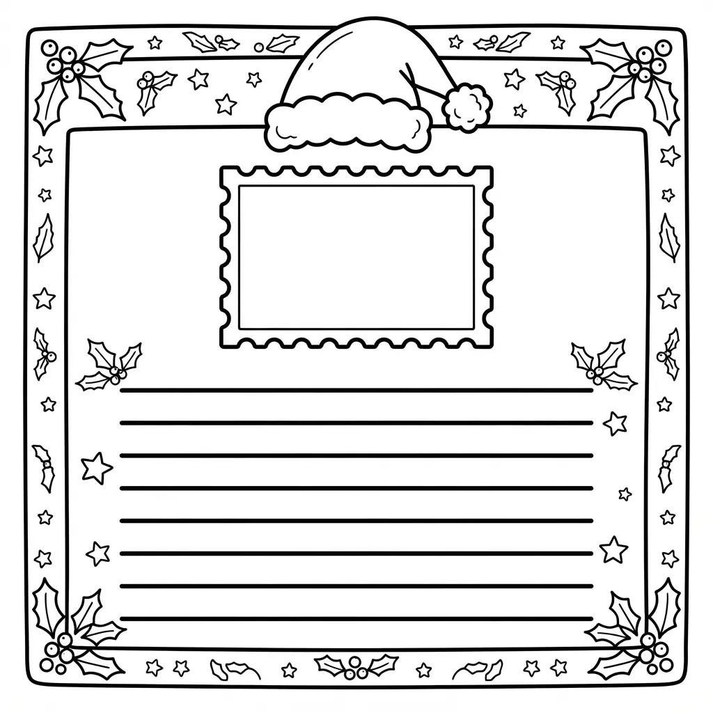 A letter template features a Santa heading, writing lines, a stamp box, stars, holly leaves, and a bordered page.