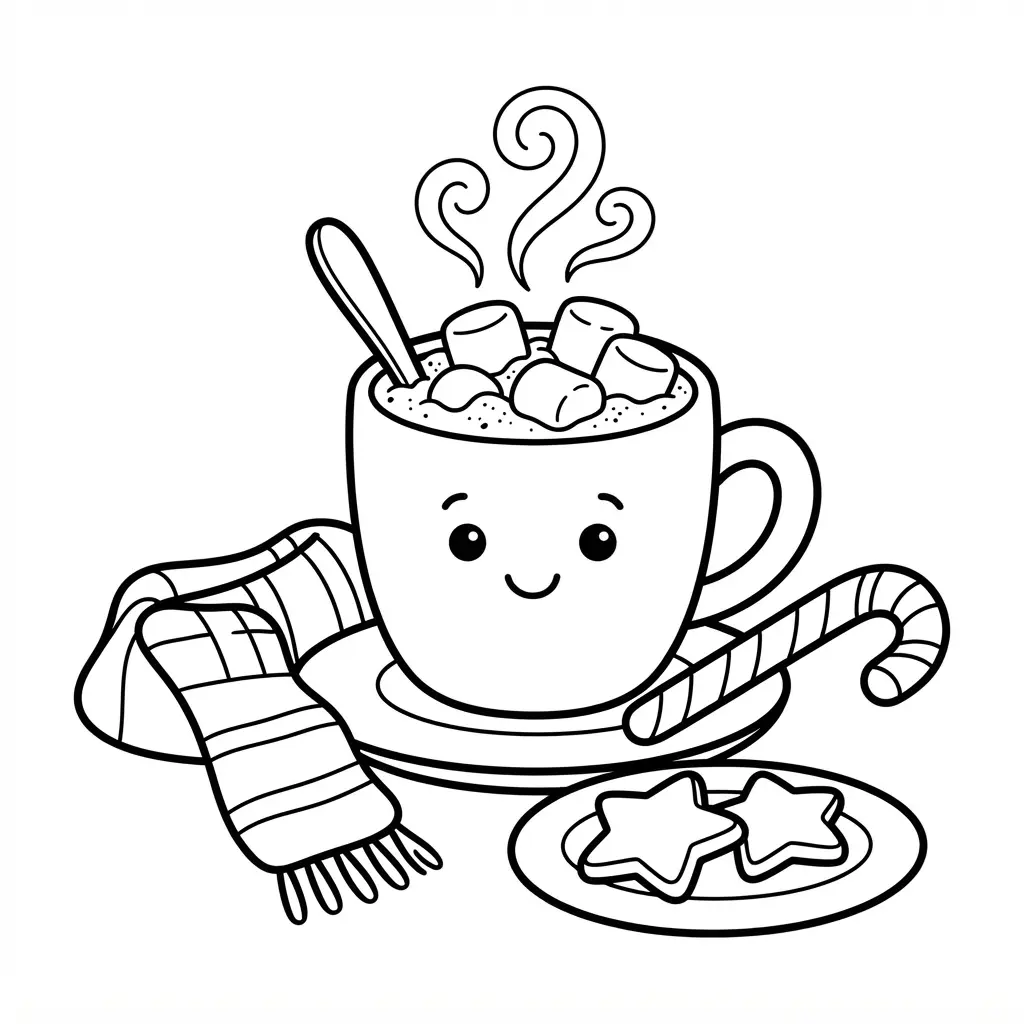 A hot cocoa mug holds marshmallows and a candy cane beside a striped scarf, spoon, cookies, and steam lines.