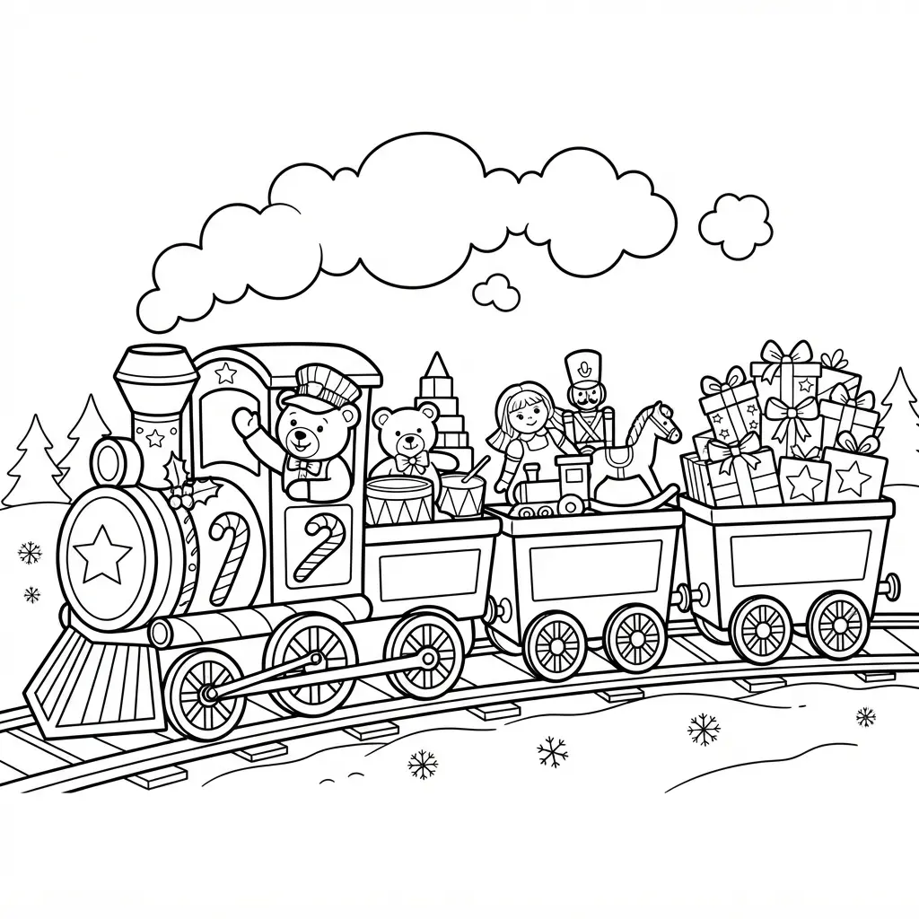 A holiday train carries toy cargo in open cars, with presents, a teddy bear, wheels, smoke, and snowy tracks.