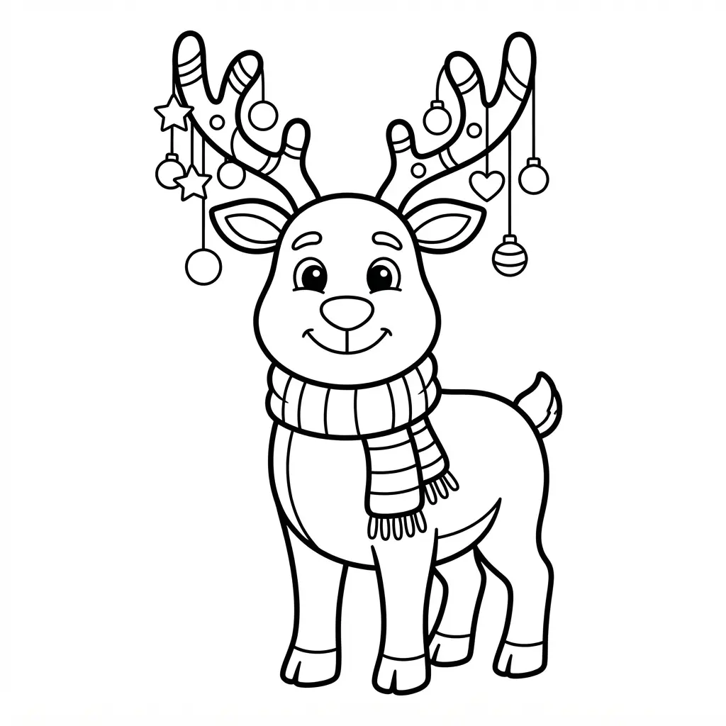 Christmas coloring pages featuring a cute reindeer with decorated antlers, a scarf, hooves, and a cheerful face.
