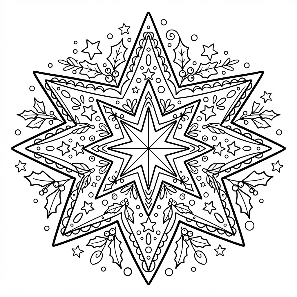 A stylized Christmas star pattern features layered points, small stars, circles, leaves, and balanced repeating line details.
