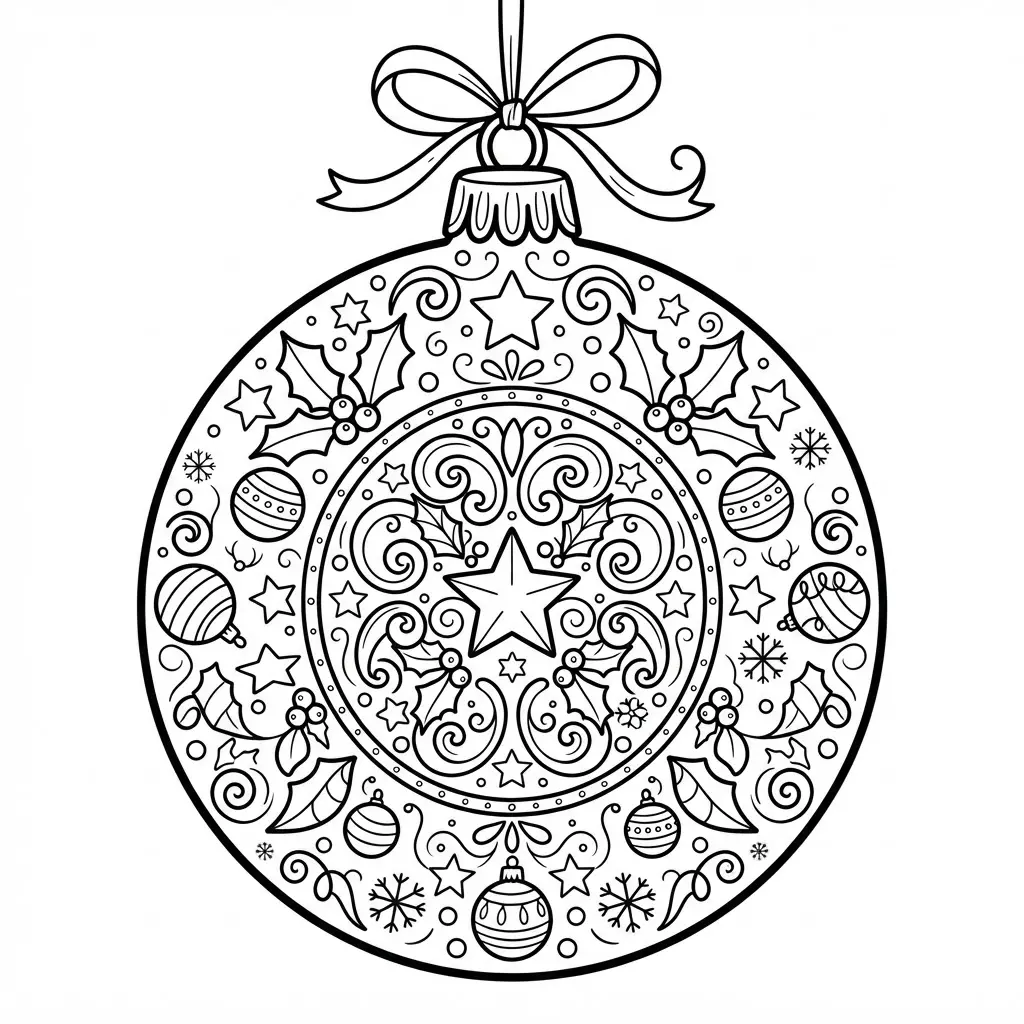 Christmas coloring pages showing a round ornament filled with leaves, stars, dots, and repeated holiday patterns.