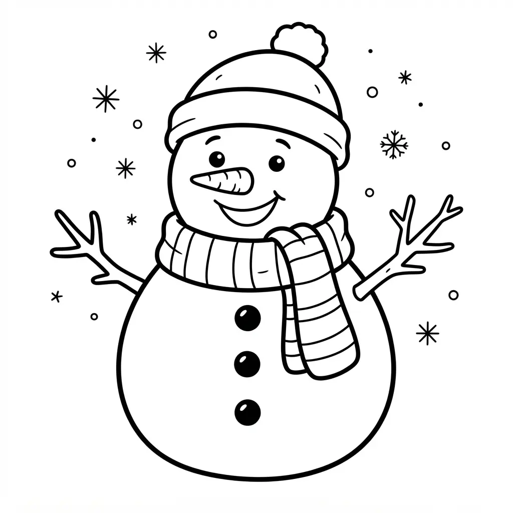 Christmas coloring pages featuring a cheerful snowman with a winter scarf, carrot nose, buttons, and falling snow.