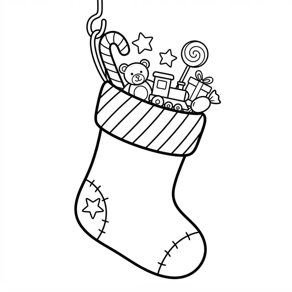 Christmas coloring pages showing a hanging stocking filled with candy, a toy, stars, and a striped cuff.