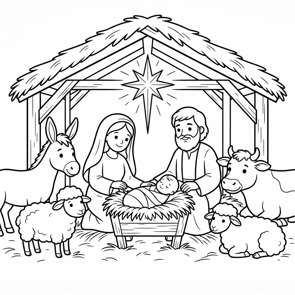 Christmas coloring pages featuring a manger scene with Mary, Joseph, the baby, animals, hay, and a guiding star.