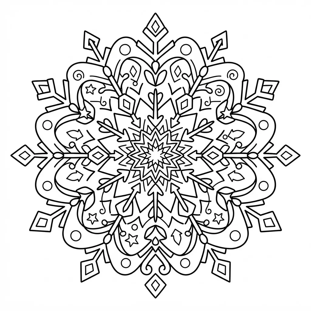 Christmas coloring pages showing a symmetrical snowflake with repeated points, loops, stars, and small geometric details.