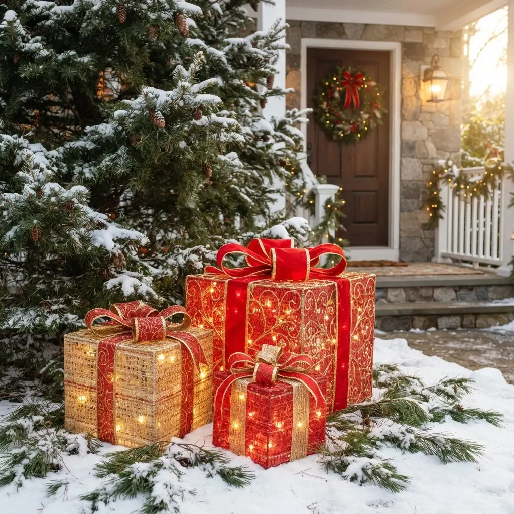 Large illuminated outdoor gift boxes sit beneath an evergreen tree near a decorated front porch.