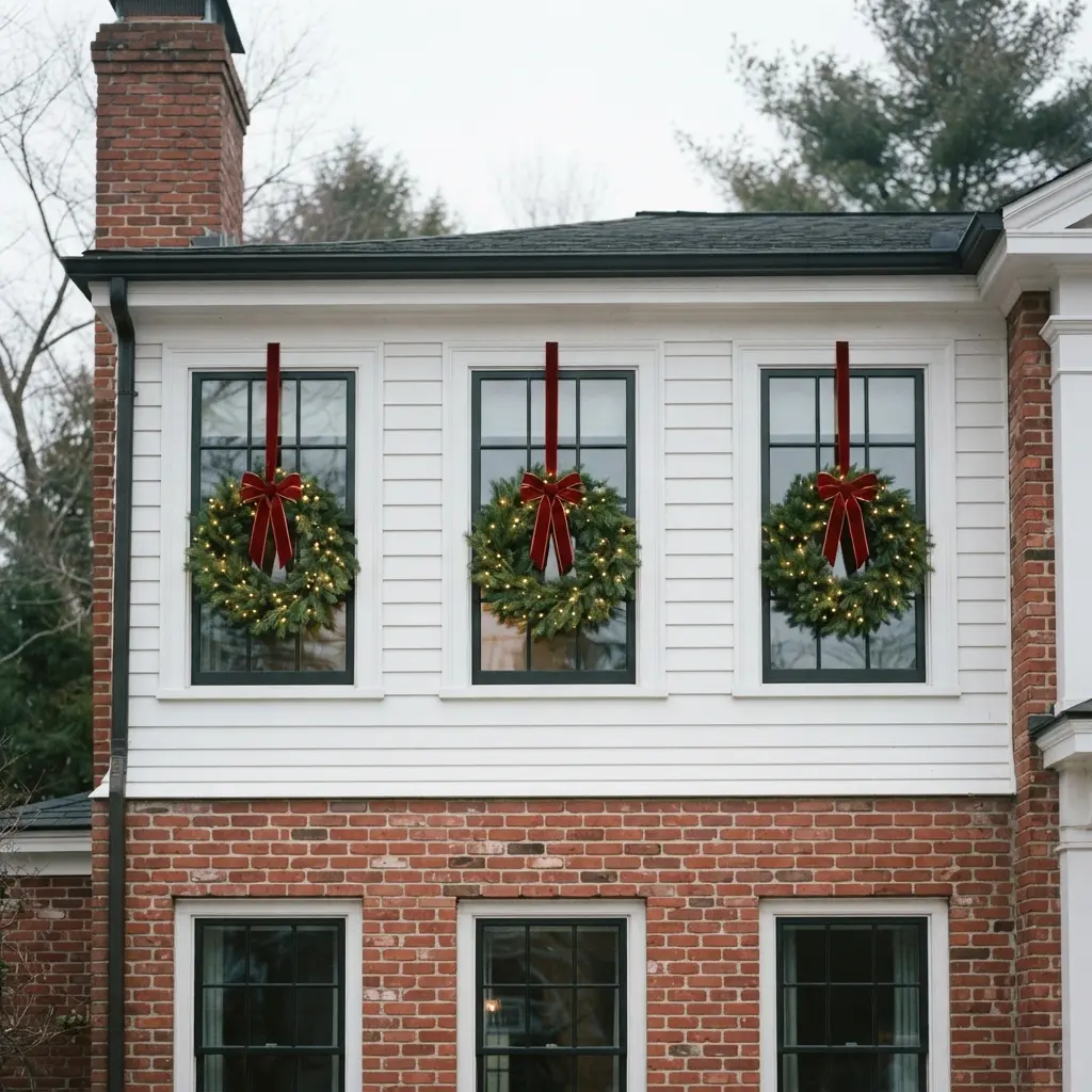 Battery operated mini wreaths hang evenly across three front windows with red ribbons and greenery.