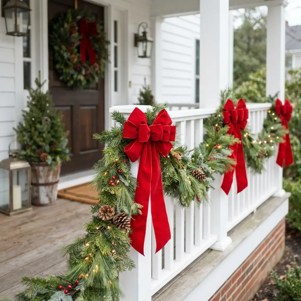 Red velvet bows decorate a white porch railing beside evergreen garland and a front entry.