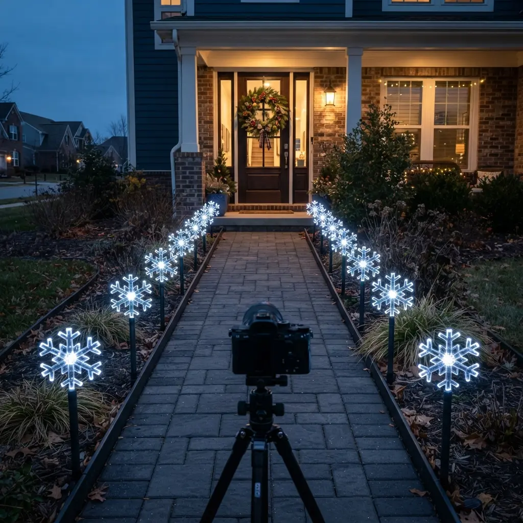 Solar powered pathway snowflake lights line a walkway leading toward a wreath-covered front door.