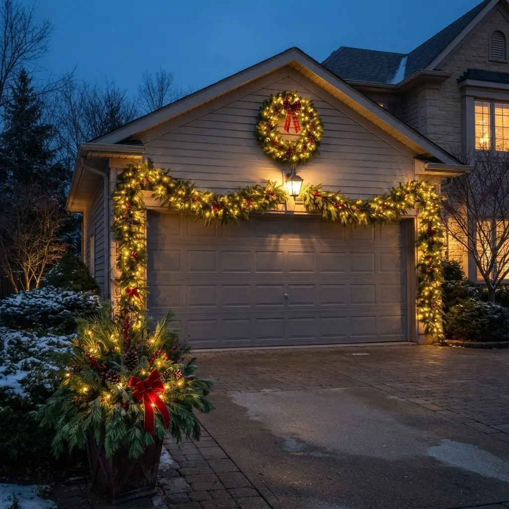 Lighted garland outlines a garage door, with matching greenery placed near the driveway edge.