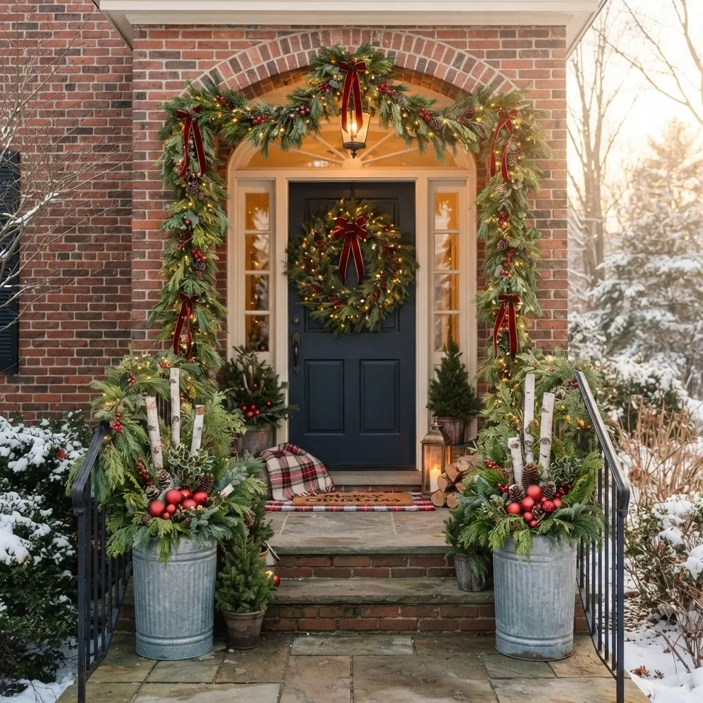 A curated front porch combines evergreen garland, warm lights, a wreath, planters, and red ornaments.