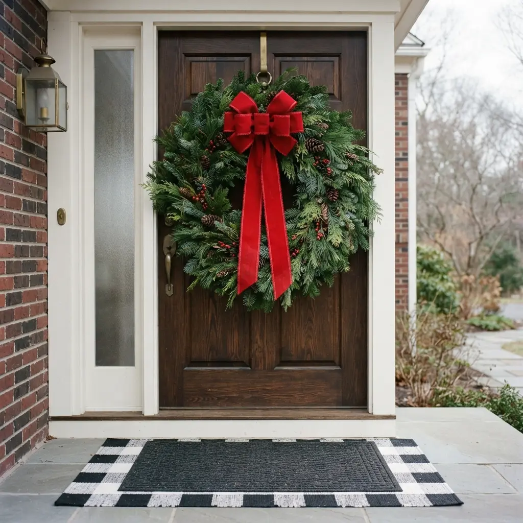 An oversized evergreen wreath with red ribbon hangs on a front door above a layered mat.