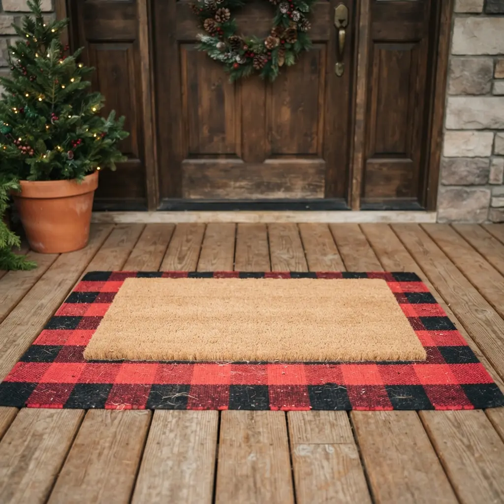 A buffalo check door mat sits beneath a smaller holiday mat at a porch entrance.