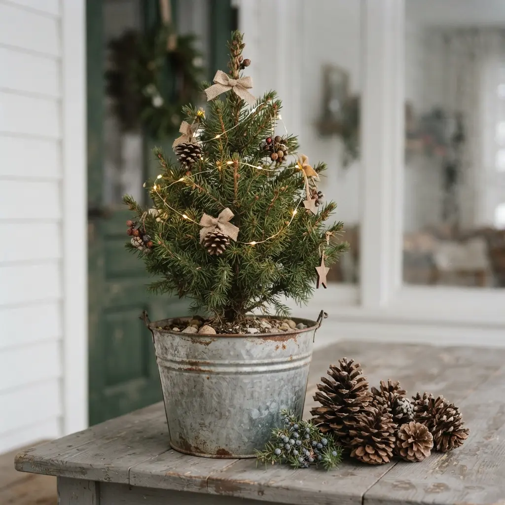 A tabletop Christmas tree sits in a galvanized bucket on a porch table beside pinecones.