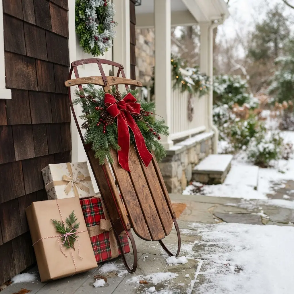 A vintage wood sled leans beside a porch with evergreen branches, berries, and wrapped presents.