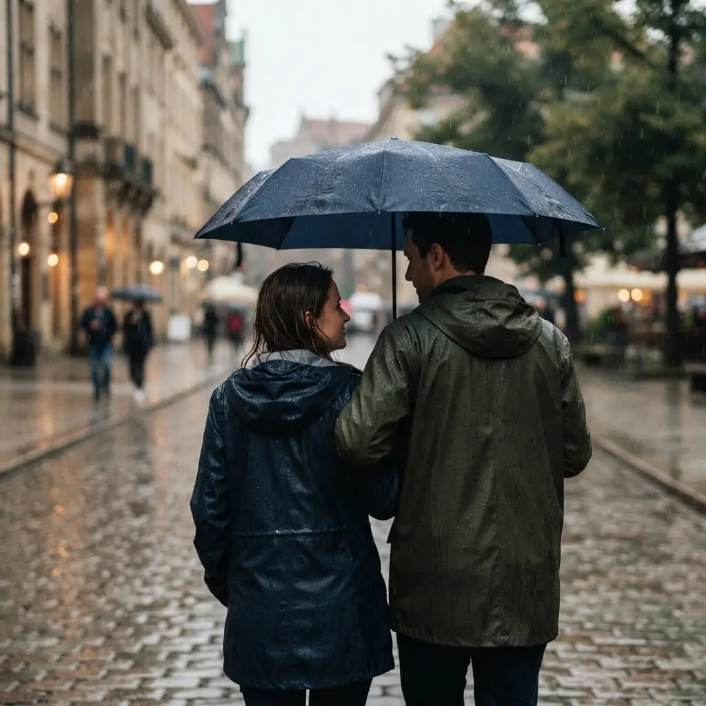 Close view of two intertwined hands beneath rainfall, with wet sleeves and small droplets sharply visible.