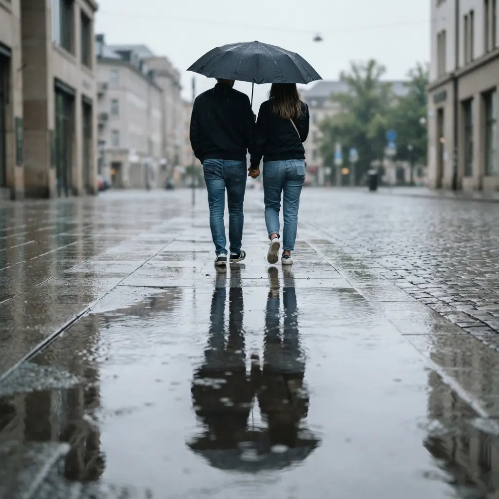 A couple walks beside a reflective puddle, creating a mirrored Couple in the Rain Photography Ideas scene.