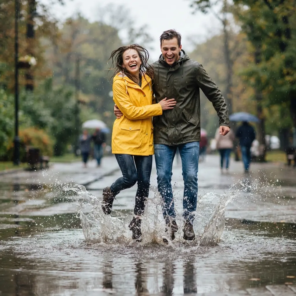 A couple jumps into a shallow puddle as rain falls around them, creating lively rain couple photography inspiration.
