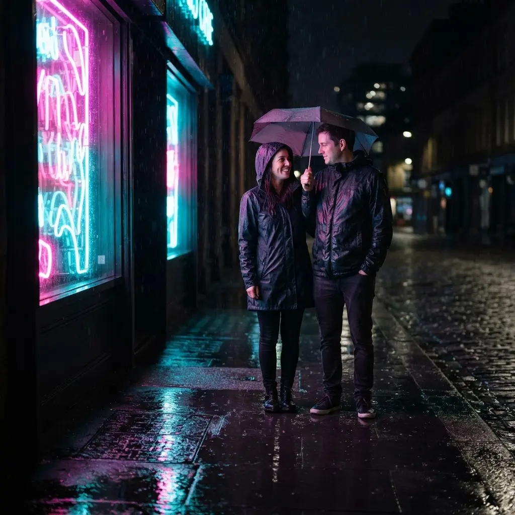 Couple standing beside a neon-lit storefront, with colorful rain reflections on the pavement in a romantic rain photography scene.