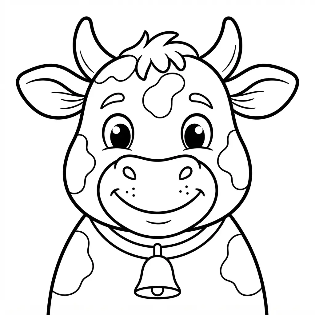 Smiling cartoon cow portrait in thick black line art for cow coloring pages with large open spaces.