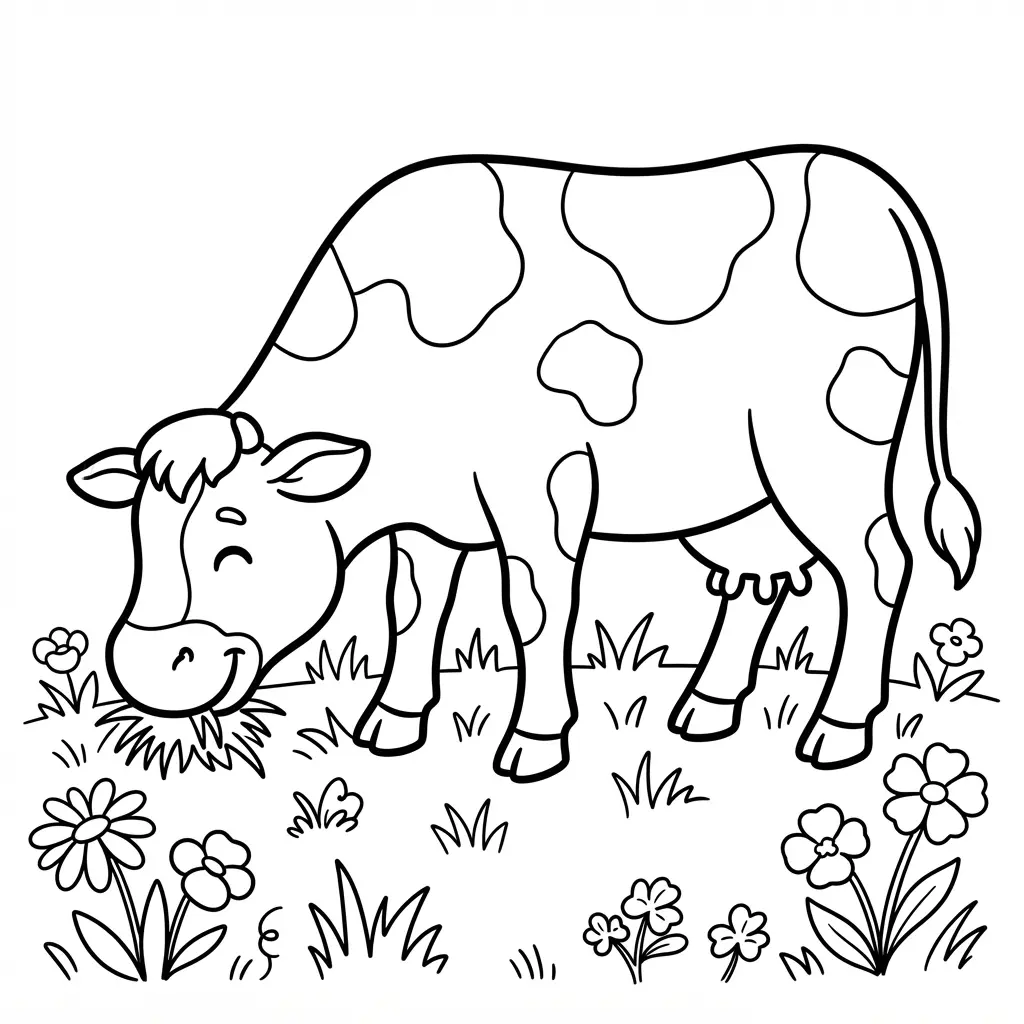 Mother cow grazing beside wildflowers and meadow grass in cow coloring pages with bold outlines.