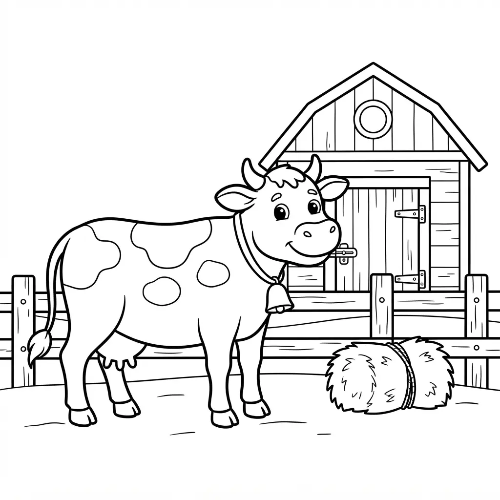 Cow standing near a red barn, fence, and hay bundle in cow coloring pages with open coloring areas.