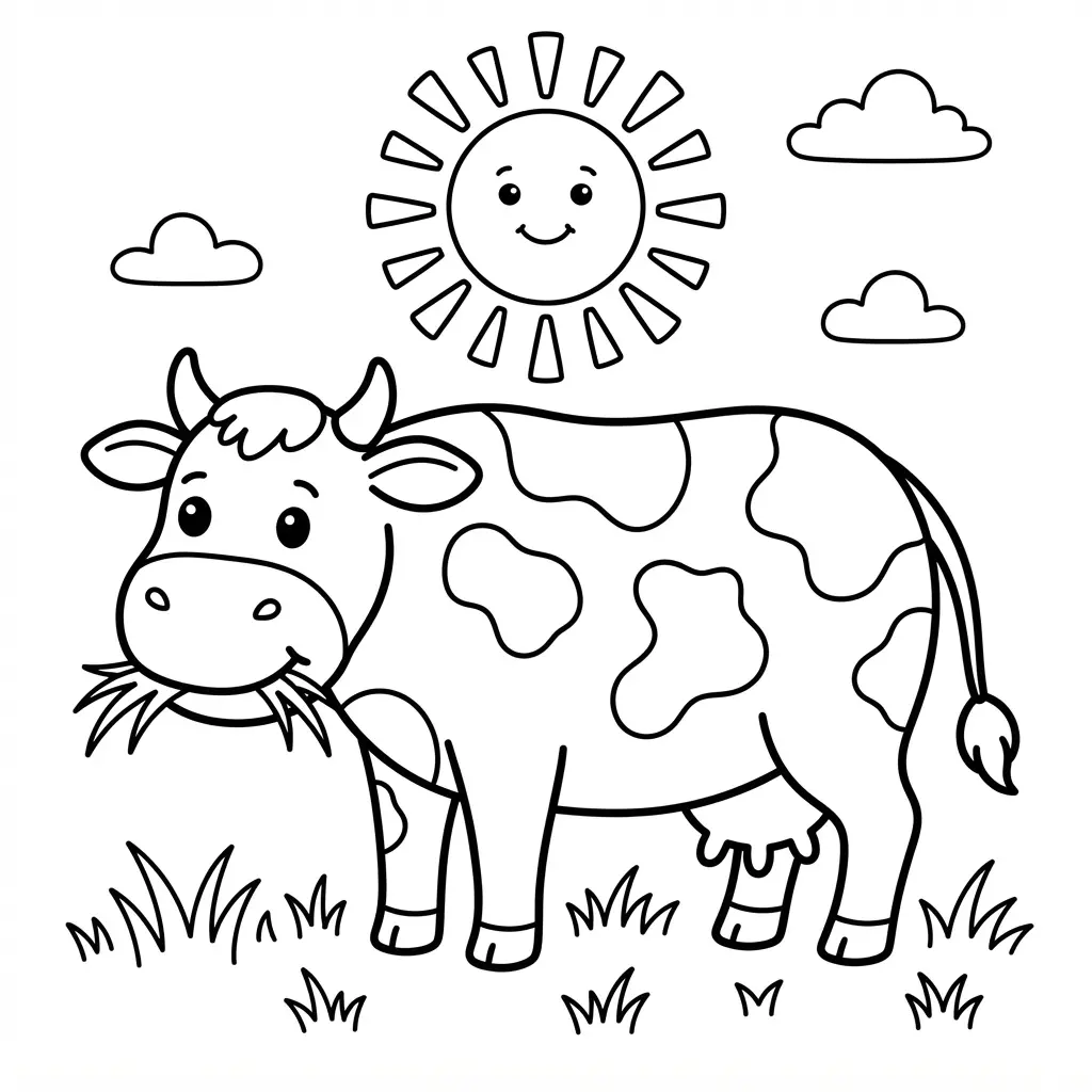 Cow grazing beneath a large summer sun with grass and clouds in cow coloring pages with bold lines.
