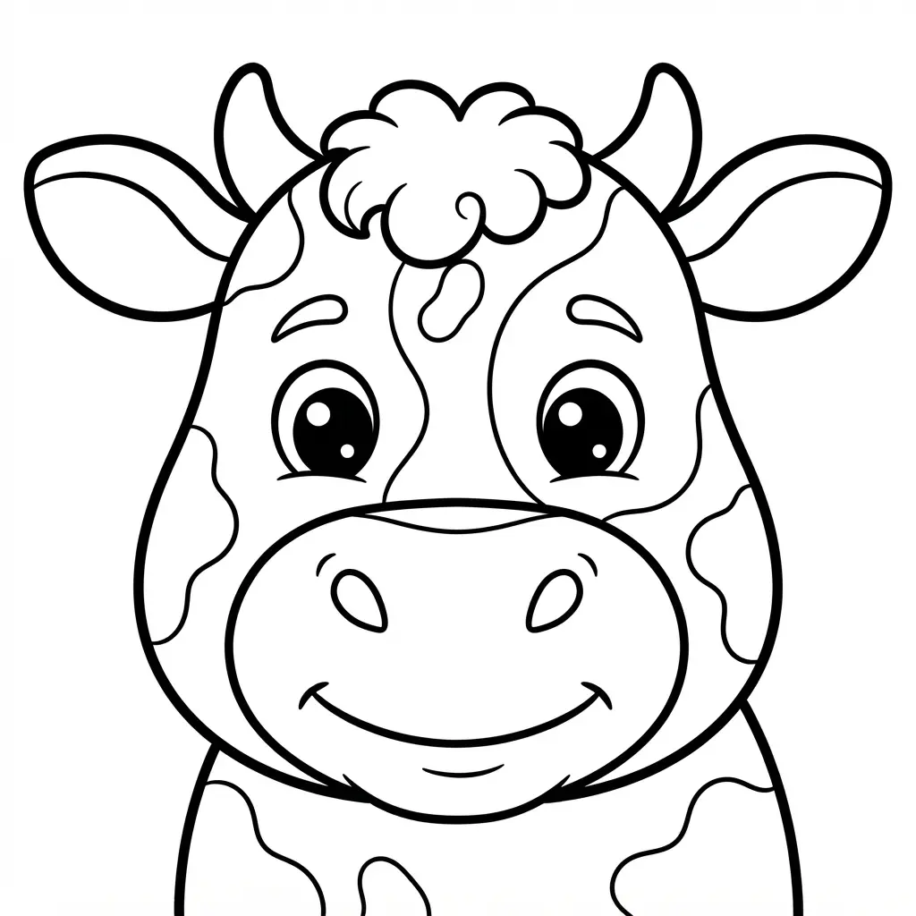 Close-up cow face with spots, round eyes, and wide nose in cow coloring pages with clear line detail.