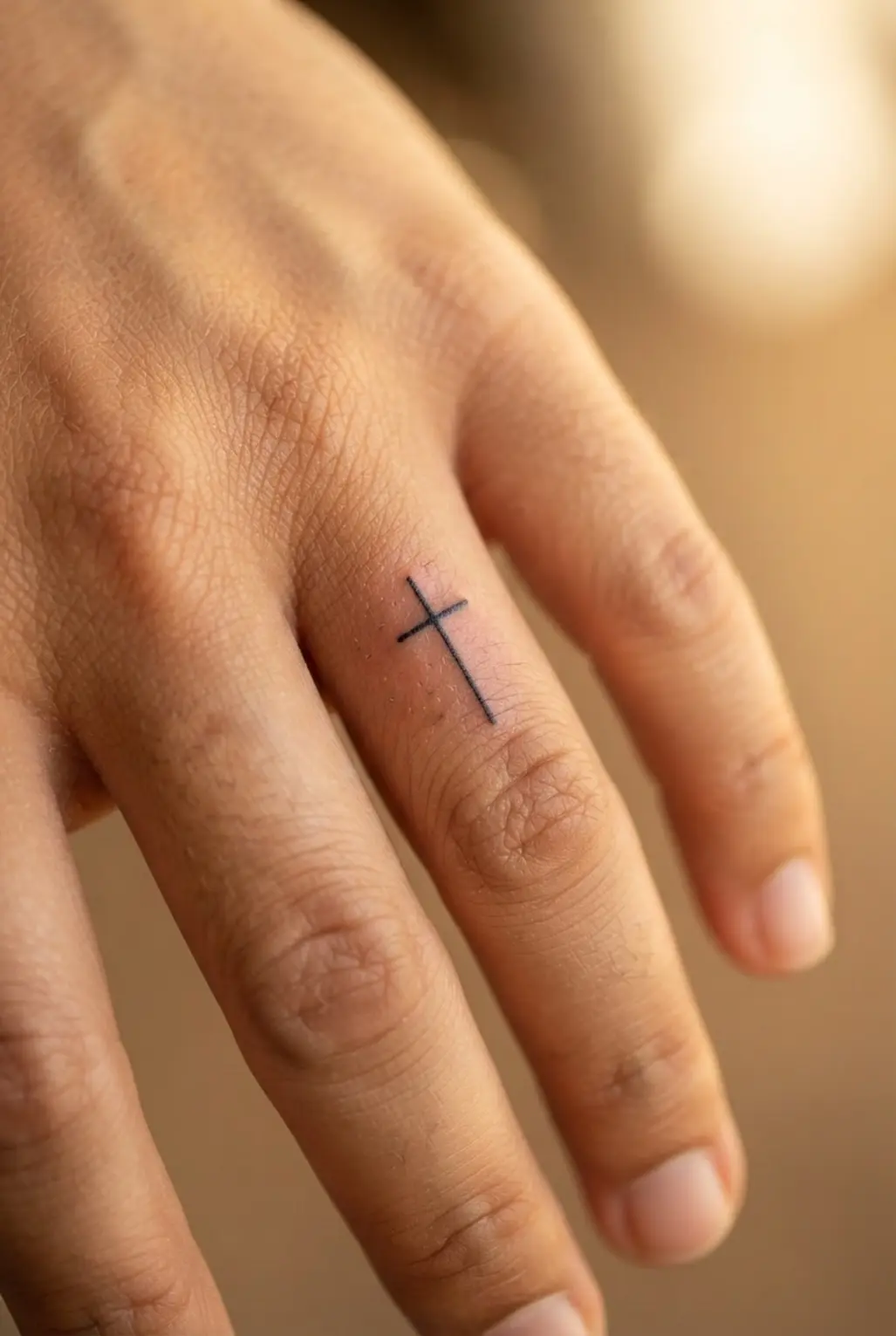 Fine-line side knuckle cross in black ink, positioned beside the finger joint with a small vertical shape and open space.