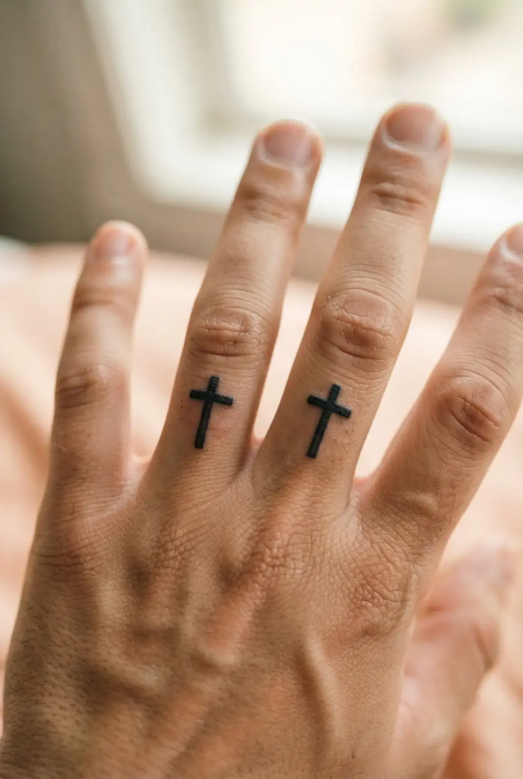 Matching minimalist cross pair on two fingers, shown in simple black ink with equal size, spacing, and clean linework.