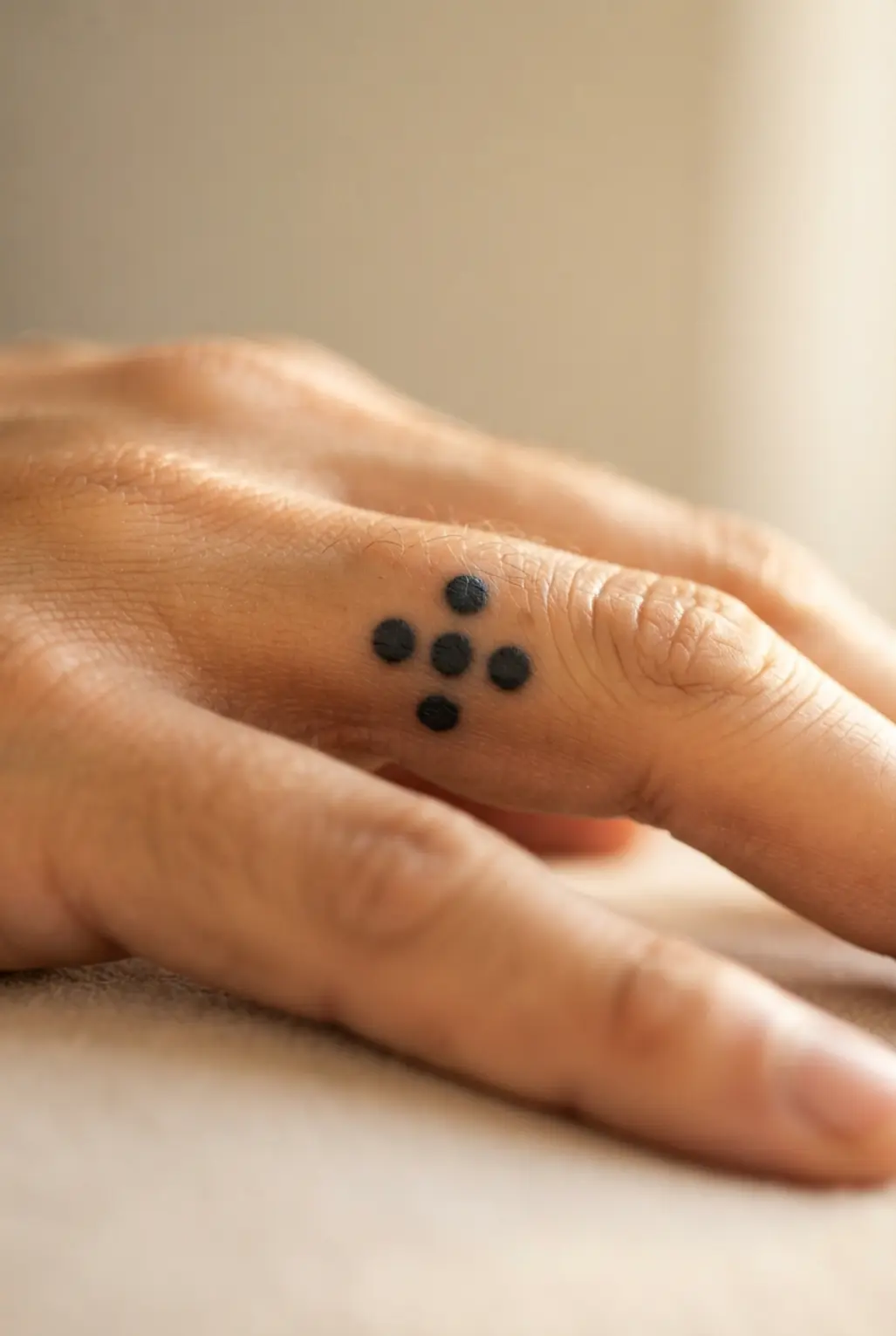 Geometric four-dot cross in black dot-work on a finger, with four evenly spaced points forming a compact symbol.