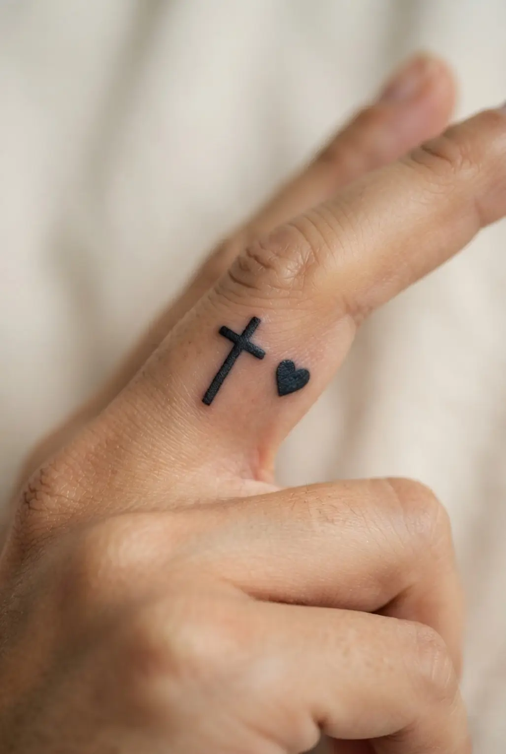 Minimalist cross beside a small heart in black ink on a finger, with clean outlines and balanced spacing.