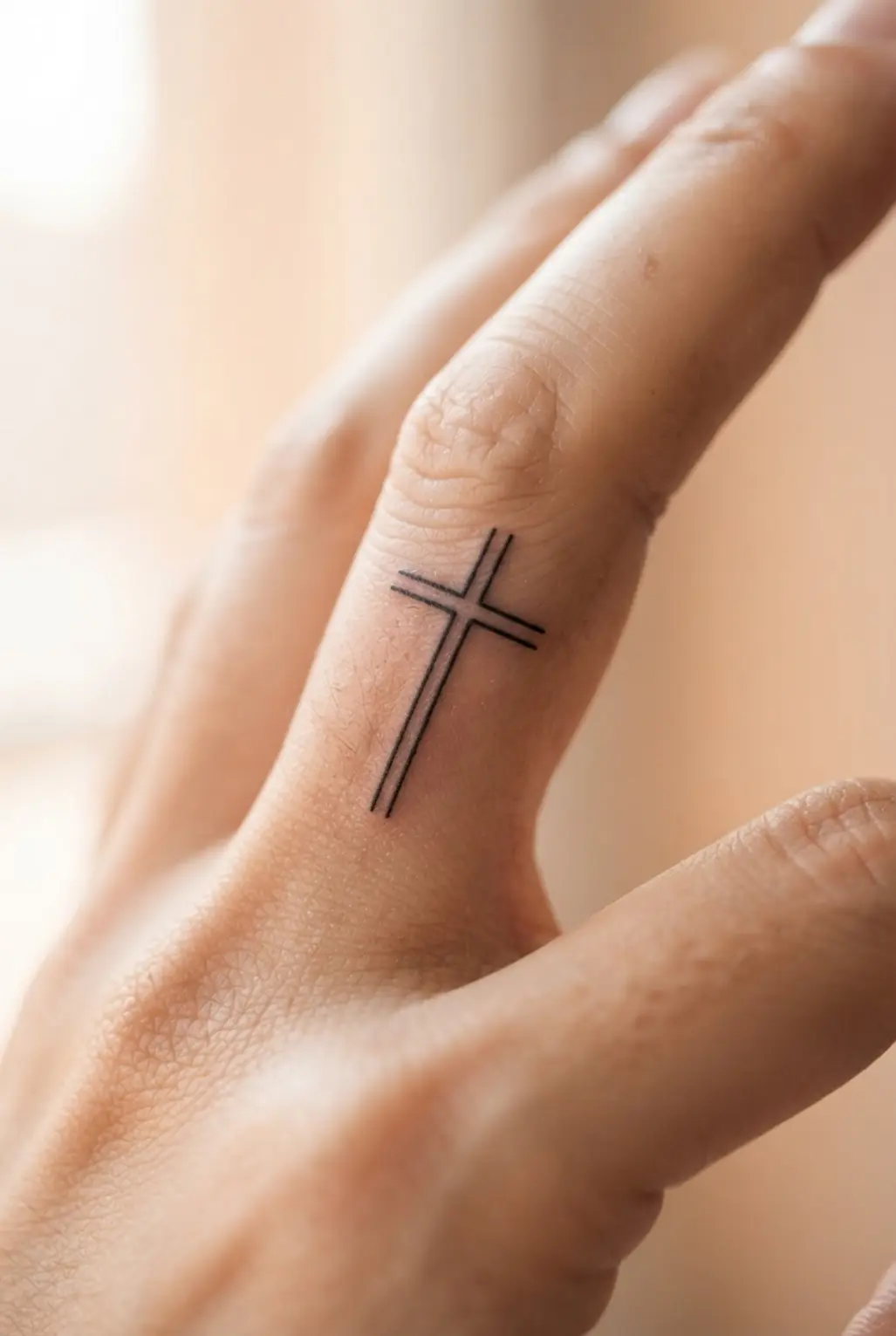 Thin double-line cross tattoo in black ink on a finger, with parallel strokes forming a narrow balanced symbol.