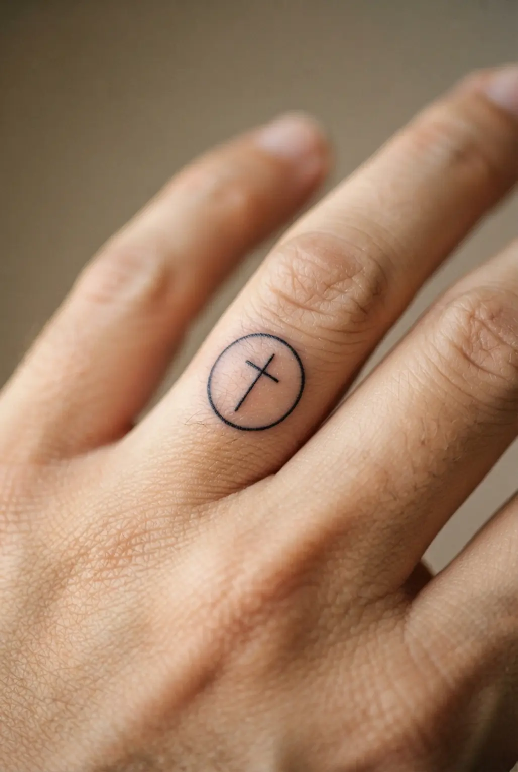 Simple cross enclosed within a circle on a finger, shown in black fine-line ink with an even round border.