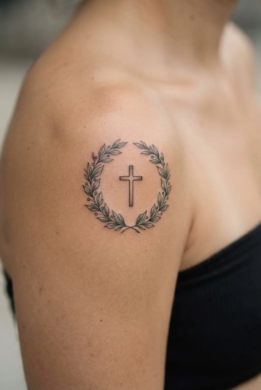 Floral wreath cross tattoos on shoulder with delicate leaves circling a small centered Christian cross.