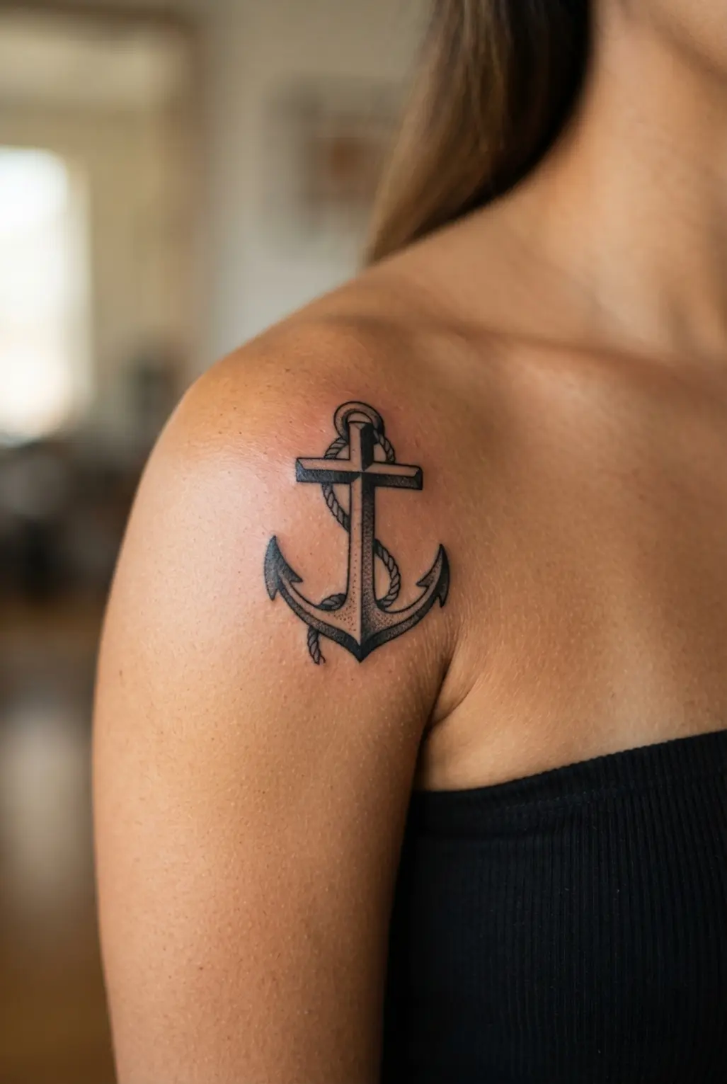 Anchor and cross tattoos on shoulder combined in blackwork with rope detail across the shoulder cap.