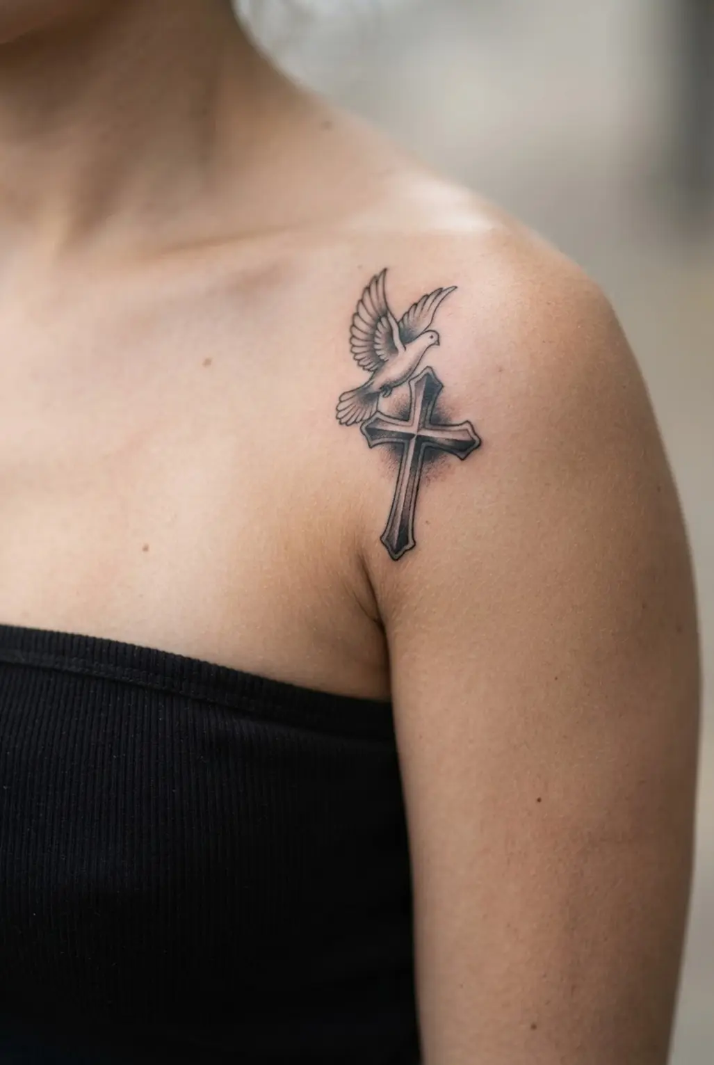 Black and grey cross with a soaring dove above it, positioned over the outer shoulder.