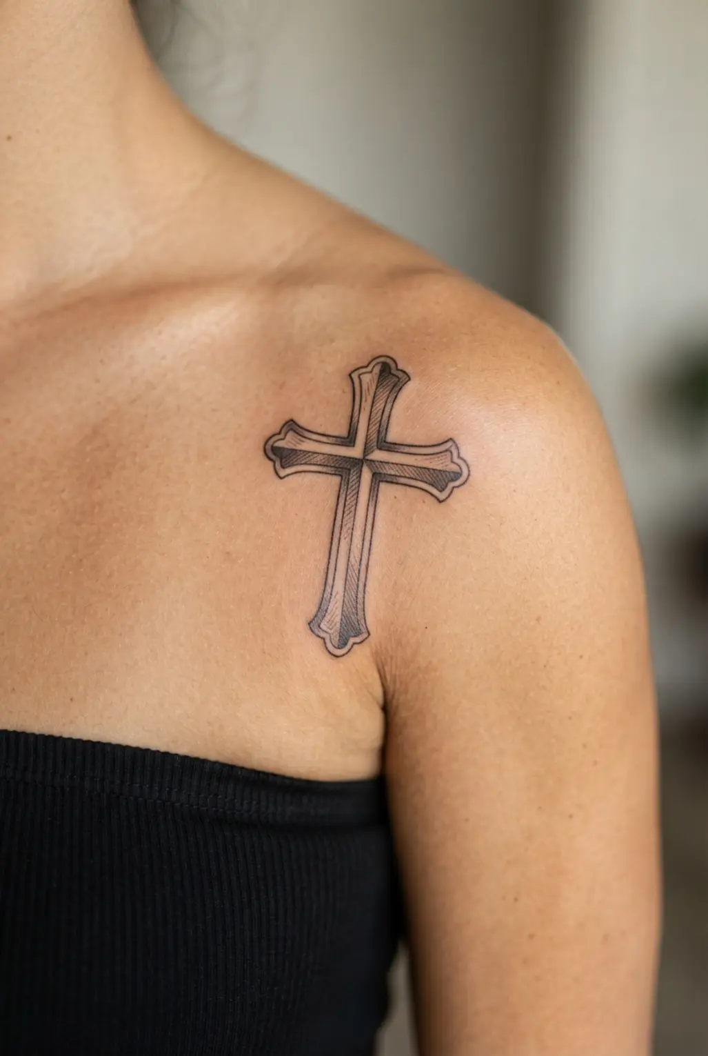 Vintage illustrative style cross tattoo with old engraving lines, soft shading, and a centered shoulder placement.