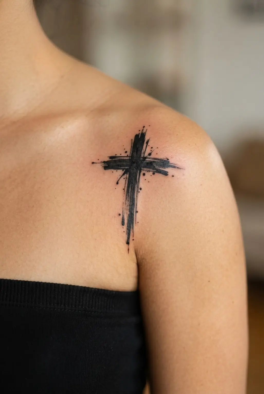 Brushstroke style ink cross with uneven black edges and visible sweeping marks over the shoulder cap.